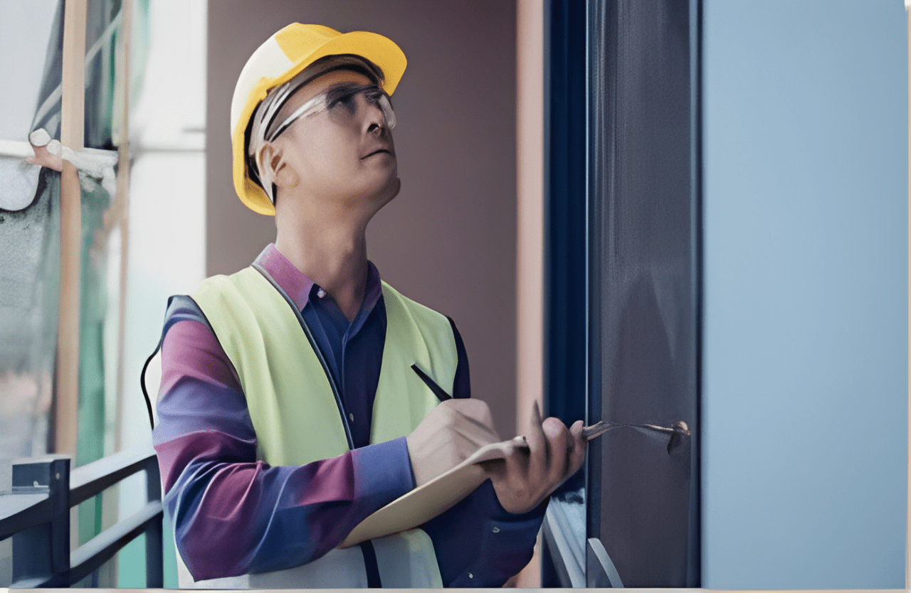 A man in yellow hard hat holding clipboard.